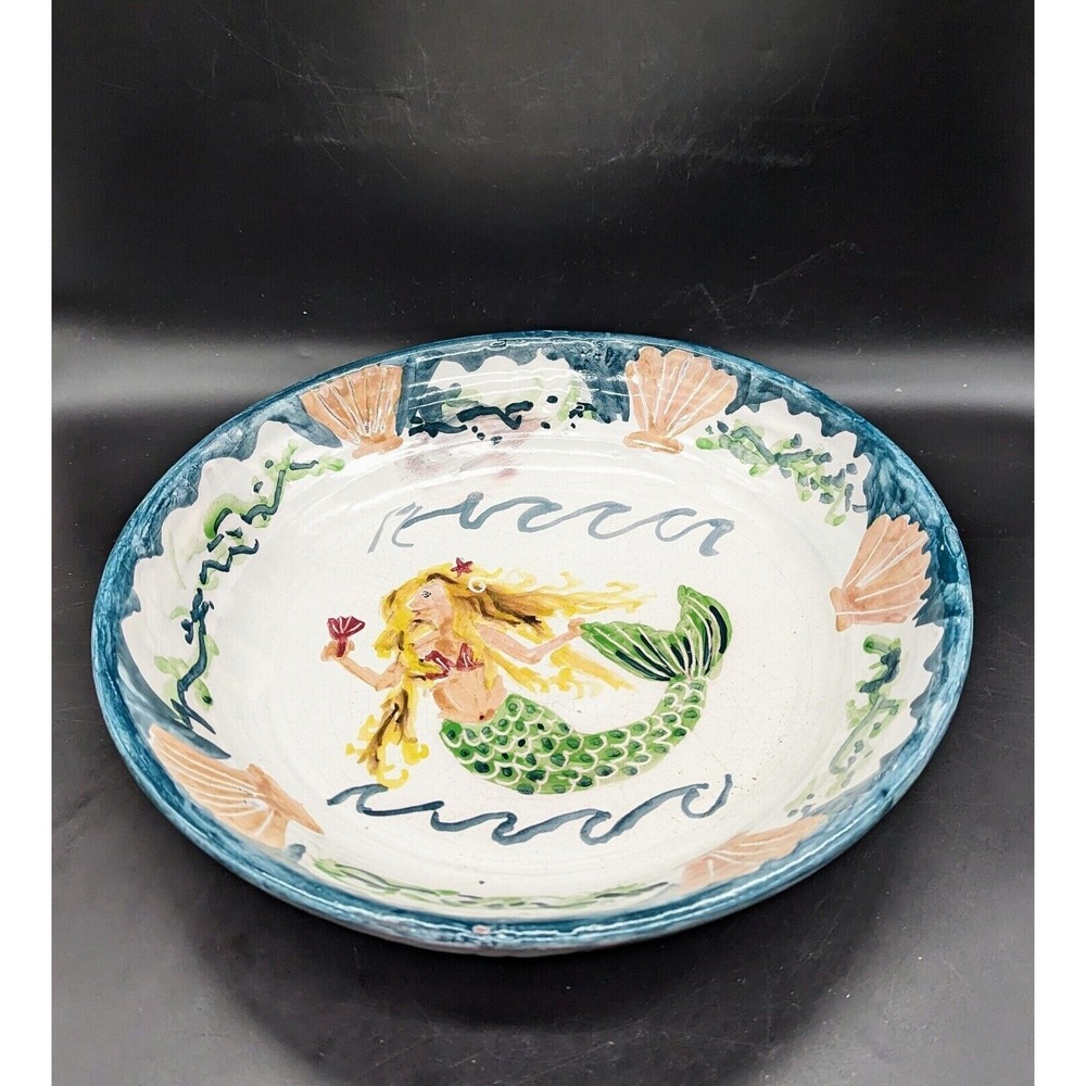 Handmade Art Pottery Redware Centerpiece Bowl Mermaid Scallop 12.25" Nautical